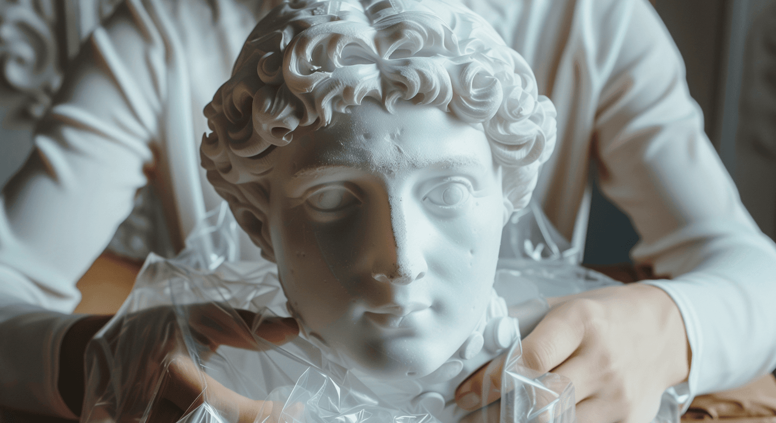 Bust being carefully wrapped – symbolic image for “safe transport of antiques and art
