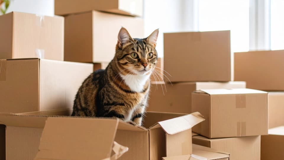 Cat sitting among moving boxes in a home during a move to Finland
