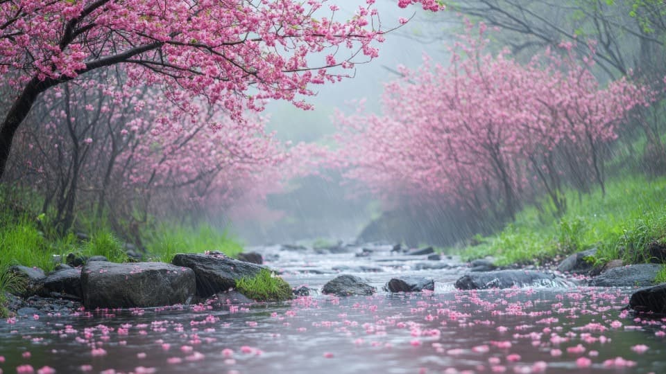 Kirschblüten am Bach in Japan bei Regen und rosa Blütenblättern