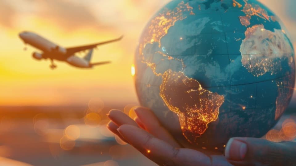 Flugzeug und leuchtende Weltkugel im Sonnenuntergang – Symbolbild für die beliebtesten Auswanderziele