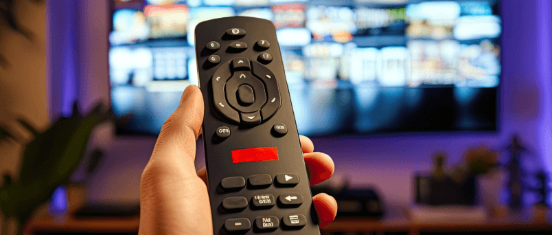 Hand mit Fernbedienung vor Fernseher.