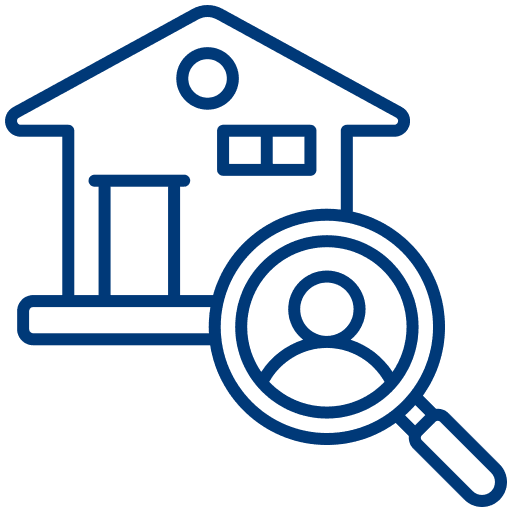 Haus mit Lupe und Person – Symbol für genaue Besichtigung durch das Umzugsunternehmen