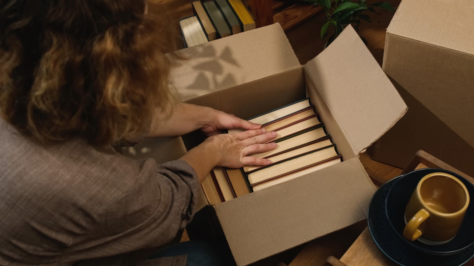 Person packt Bücher in einen Bücherkarton – sicherer Transport und geordneter Umzug