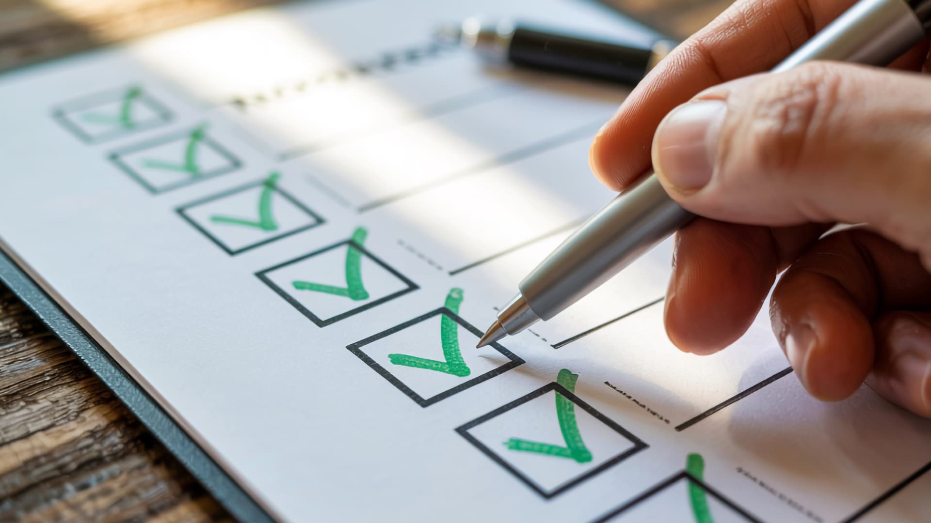 Hand setzt Häkchen auf einer Checkliste. Symbolisiert die Erfüllung von Anforderungen.